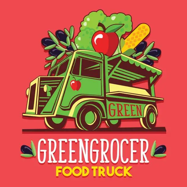 Vector illustration of Food Truck Fruit Seller Greengrocer Stand Fast Delivery Service Vector symbol