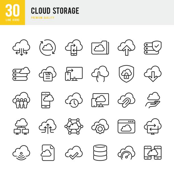 illustrazioni stock, clip art, cartoni animati e icone di tendenza di cloud storage - set di icone vettoriali a linea sottile - downloading file internet backup