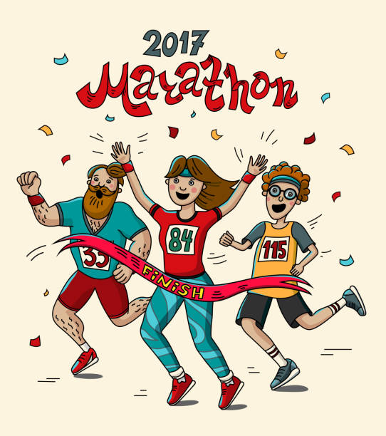 mężczyzna, nastolatek i kobieta biegacz przekroczyć linię mety. styl kreskówki. maraton 2017 - marathon finish line finishing the end stock illustrations