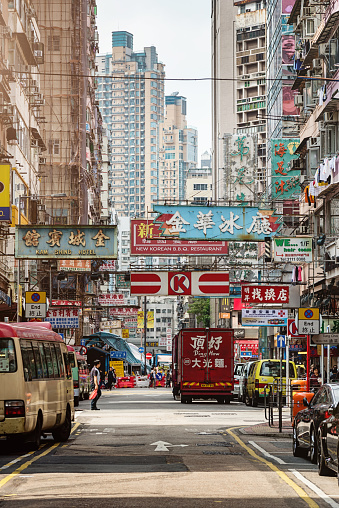 Urban Street in Mong Kok, Kowloon crowded with chinese banner, advertisments and signs. Mong Kok, Kowloon, Hong Kong.