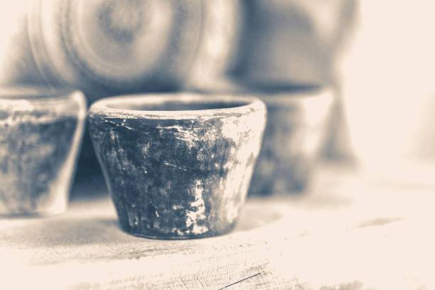 Empty garden pots in a row close up. Gardening concept