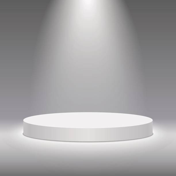 Vector white pedestal for product presentation. Round white stage podium. Round white stage podium illuminated with light. Stage vector backdrop. Festive podium scene for award ceremony on white, grey background. Vector white pedestal for product presentation. laureate stock illustrations
