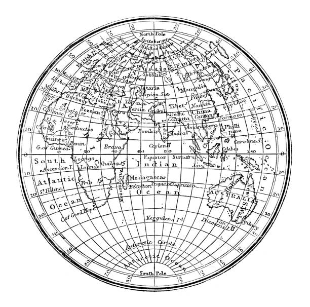 antiken gravur abbildung: weltkarte - map world map globe old stock-grafiken, -clipart, -cartoons und -symbole