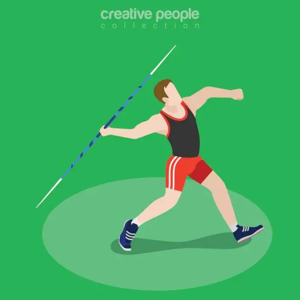 Vector illustration of Flat isometric Javelin Thrower vector illustration. Sportsman (athlete) 3d isometry image.  International summer competition concept.