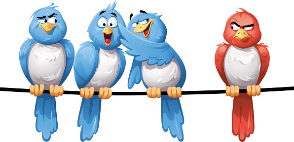 Illustration of three blue birds and a red bird sitting on a wire. The blue birds are mocking the red bird for being different. Concept for xenophobia, racism, prejudice and intolerance.