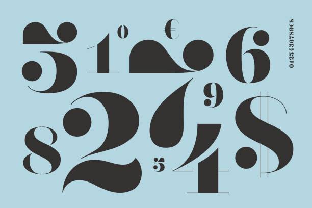 Font of numbers in classical french didot style Font of numbers in classical french didot style with contemporary geometric design. Beautiful elegant stencil numeral, dollar and euro symbols. Vintage and retro typographic. Vector Illustration figure stock illustrations