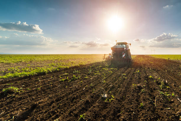 istock Farmer with tractor seeding - sowing crops at agricultural fields in spring 690036312