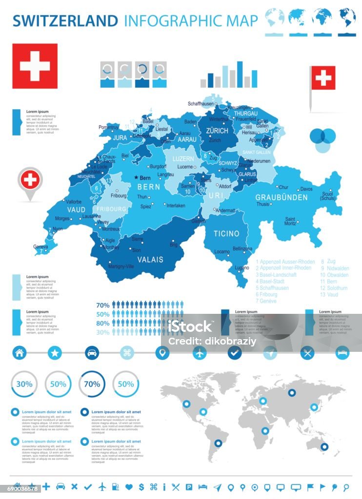 Switzerland - map and flag - infographic illustration Switzerland map and flag - highly detailed vector illustration Map stock vector