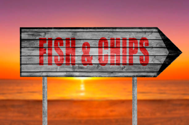 istock Red Fish & Chips wooden sign isolated 690039368