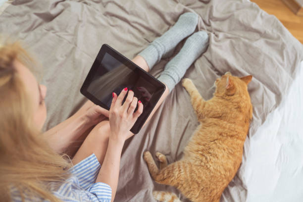 istock Woman with cat on bed 690040204