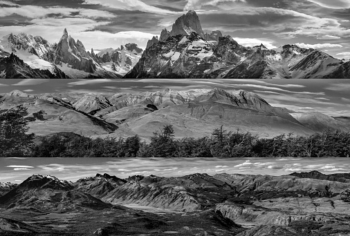 Black and white landscape panoramic collage of patagonia mountains at El Chalten town, Argentina