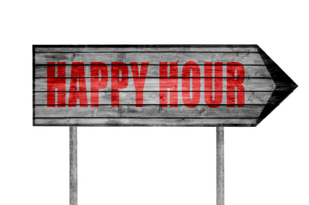 istock Red Happy Hour wooden sign isolated 690040684