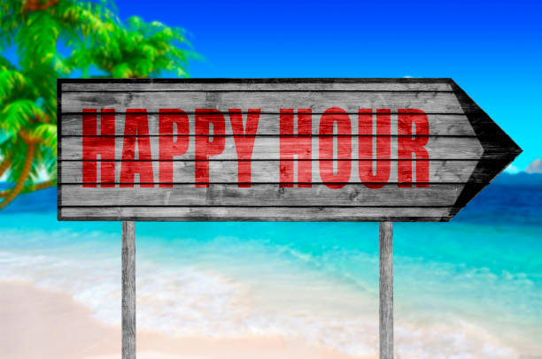 istock Red Happy Hour wooden sign isolated 690040752