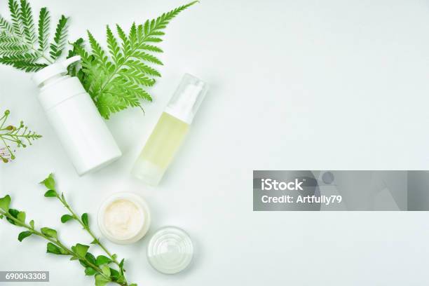 Cosmetic Bottle Containers With Green Herbal Leaves Blank Label Package For Branding Mockup Natural Organic Beauty Product Concept Stock Photo - Download Image Now