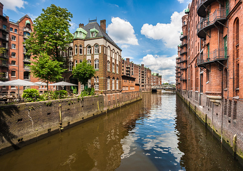 Famous Speicherstadt warehouse district with blue sky and clouds in Hamburg, Germany