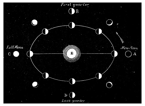Antique engraving illustration: Moon phases