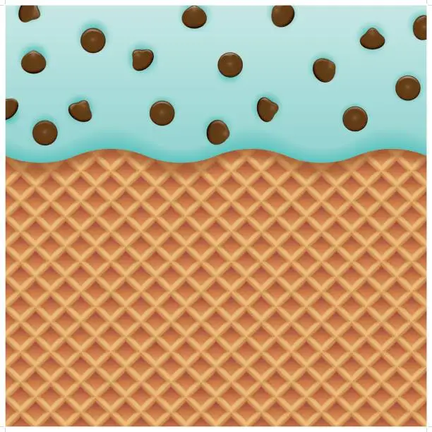 Vector illustration of chocolate chip mint ice cream and wafer background