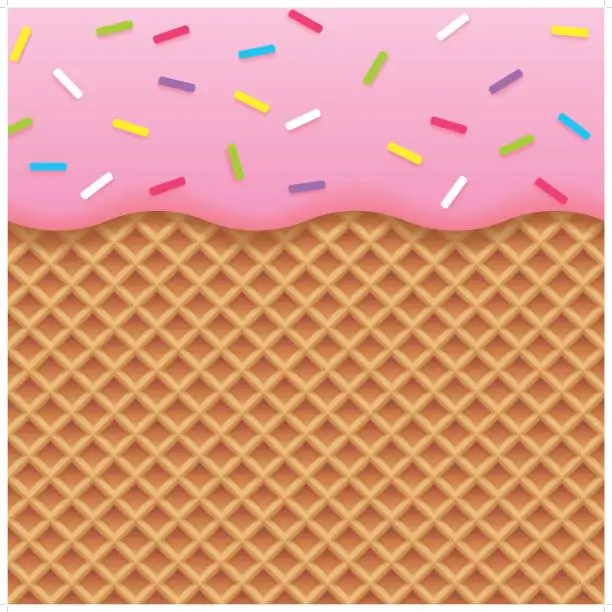 Vector illustration of strawberry ice cream and wafer background