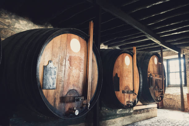 wine in the old barrels - aging process french culture winemaking next to imagens e fotografias de stock