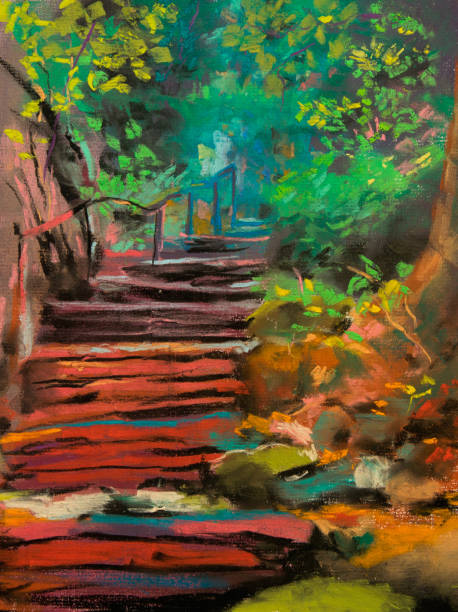 古いロマンチックな森の階段です。パステル調のイラスト。 - spring tree landscape development ストックフォトと画像