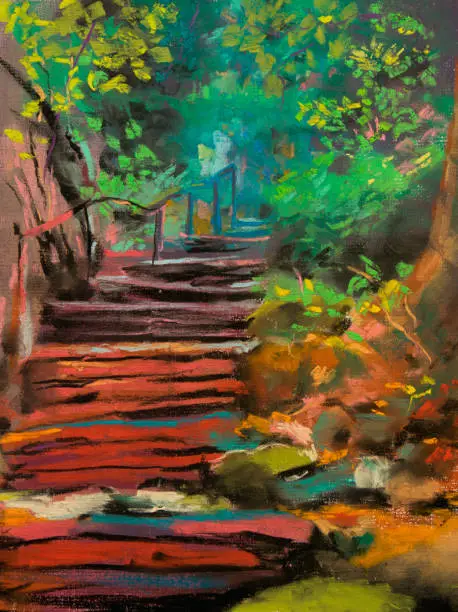 Photo of Old romantic forest staircase. Pastel illustration.