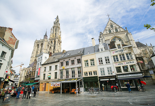 Antwerp, Belgium, Cathedral of Our Lady, unidentified people at the Groenplaats, central square of the city.