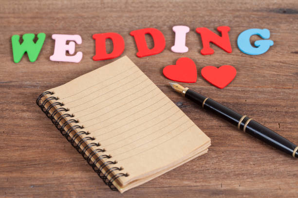 istock color wedding letters on wood with booknote and fountain 690067076