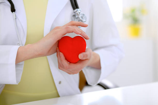 istock Female doctor with stethoscope holding heart. 690071664
