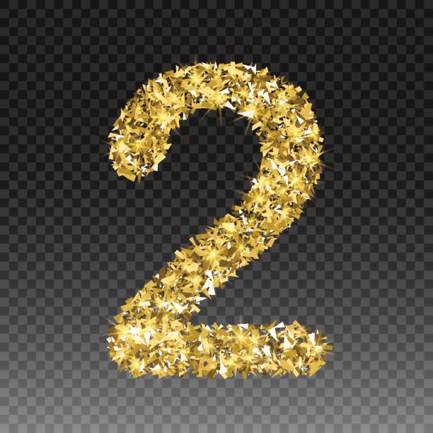 istock Gold glittering number two. Vector shining golden font figure lettering of sparkles on checkered background 690071944