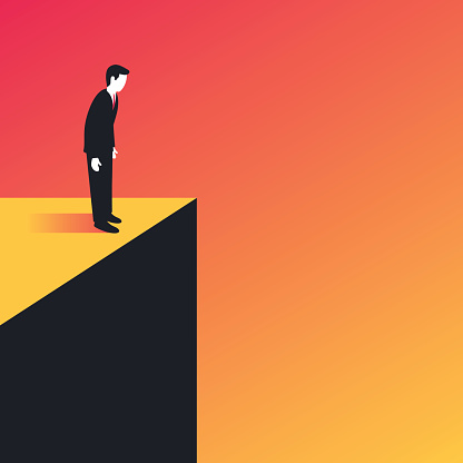 Businessman standing on the edge and looking down. Risk and challenge business concept. Vector illustration in trendy style