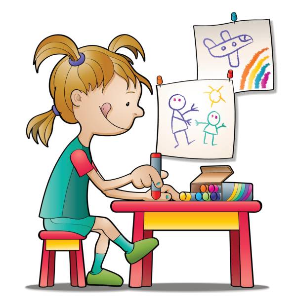 kleine künstler - child thinking writing little girls stock-grafiken, -clipart, -cartoons und -symbole