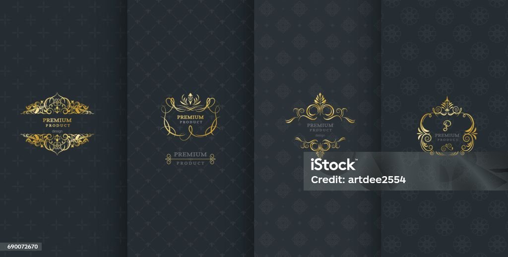 Collection of design elements,labels,icon,frames, for packaging,design of luxury products.Made with golden foil.Isolated on black background. vector illustration Pattern stock vector