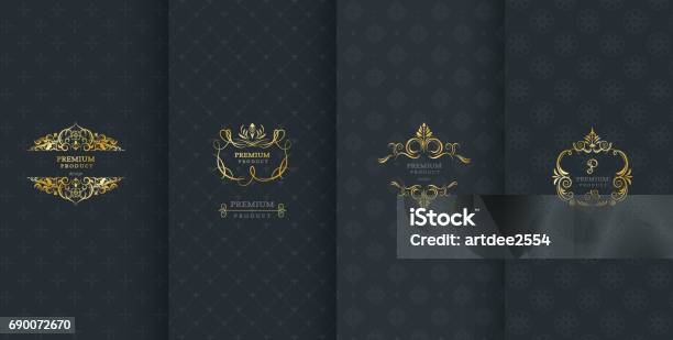 Collection Of Design Elementslabelsiconframes For Packagingdesign Of Luxury Productsmade With Golden Foilisolated On Black Background Vector Illustration Stock Illustration - Download Image Now