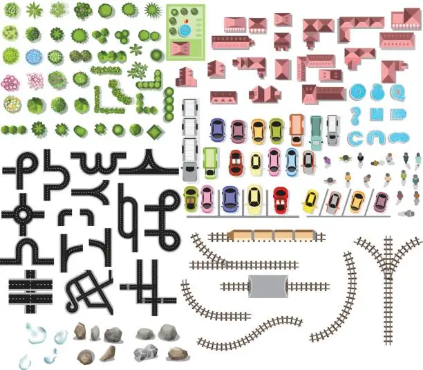 Vector illustration of Collection for landscape,tree top view, stone floor texture, road plan, city Map, house, train, car, people, cloud, for interior design, vector illustration