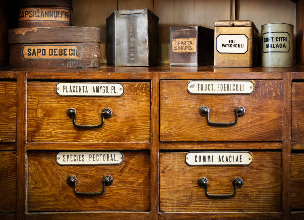 istock Bottles on the shelf in old pharmacy. 690087820