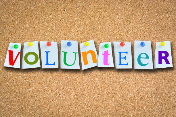 istock Volunteer text on cork billboard with colored paper pins 690091390
