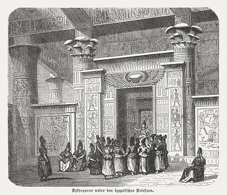 Pythagoras (c. 570 - c. 495 BC, Greek philosopher and mathematician) among the Egyptian priests. Wood engraving, published in 1880.