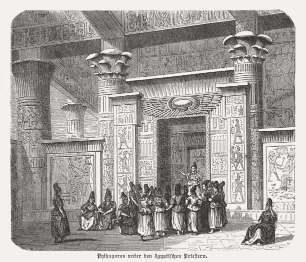 Pythagoras among the Egyptian priests, wood engraving, published in 1880 Pythagoras (c. 570 - c. 495 BC, Greek philosopher and mathematician) among the Egyptian priests. Wood engraving, published in 1880. pythagoras stock illustrations
