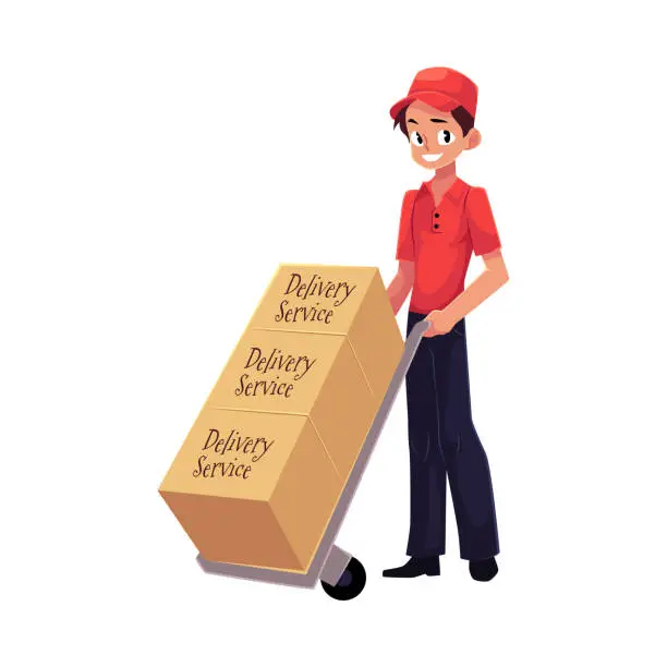 Vector illustration of Courier, delivery service worker, hand cart, dolly loaded with boxes