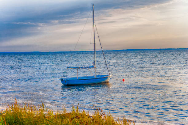 Sailboat on Pacific Ocean atop blue water, sailing towards yellow clouds on the horizon