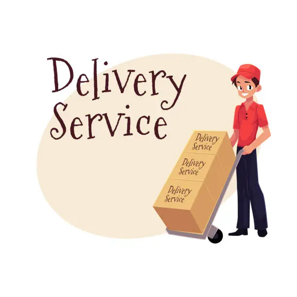 Vector illustration of Courier, delivery service worker, hand cart, dolly loaded with boxes