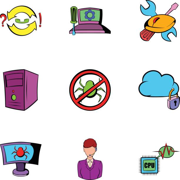 zestaw ikon hakerów, styl kreskówki - target computer bug computer network security stock illustrations