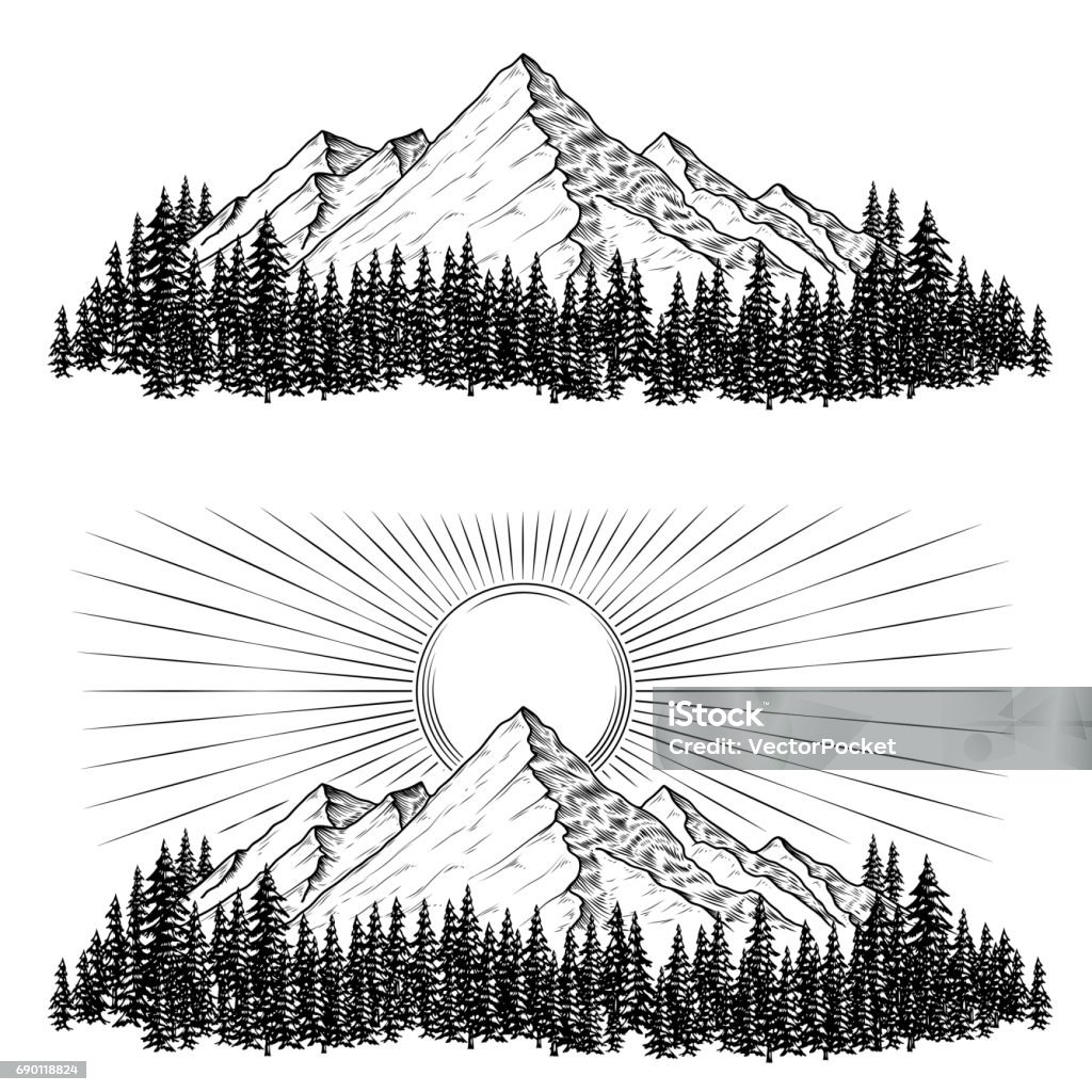 Handgezeichnete Vektor-Illustrationen die Berge mit einem Nadelwald auf sie und die Sonne - Lizenzfrei Berg Vektorgrafik