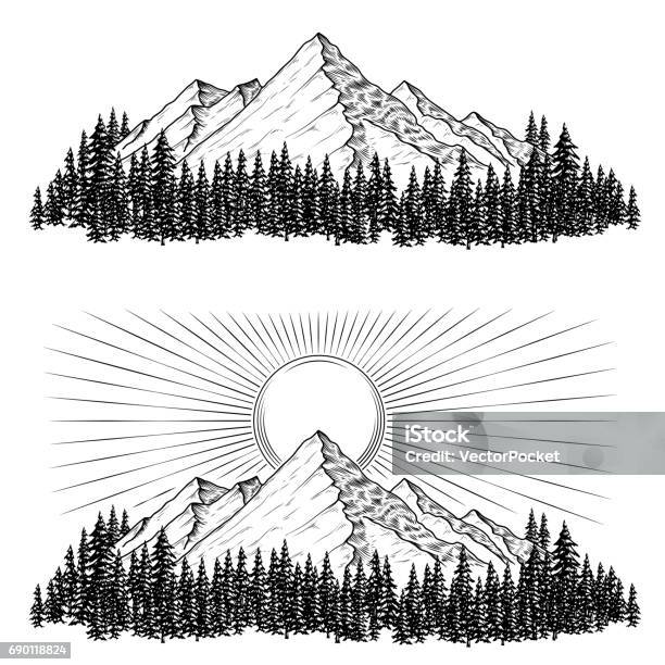 Handgezeichnete Vektorillustrationen Die Berge Mit Einem Nadelwald Auf Sie Und Die Sonne Stock Vektor Art und mehr Bilder von Berg