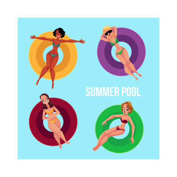 istock Banner, poster template with girls on inflatable rings in pool 690120120