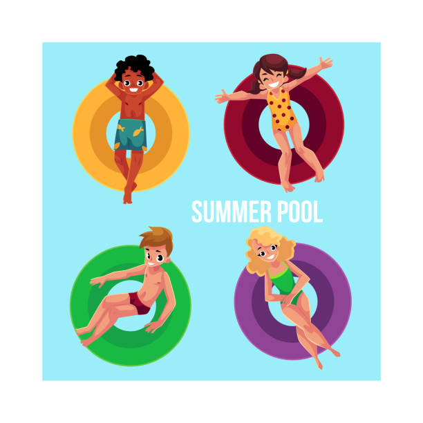 istock Banner, poster template with children, kids floating on inflatable rings 690120200