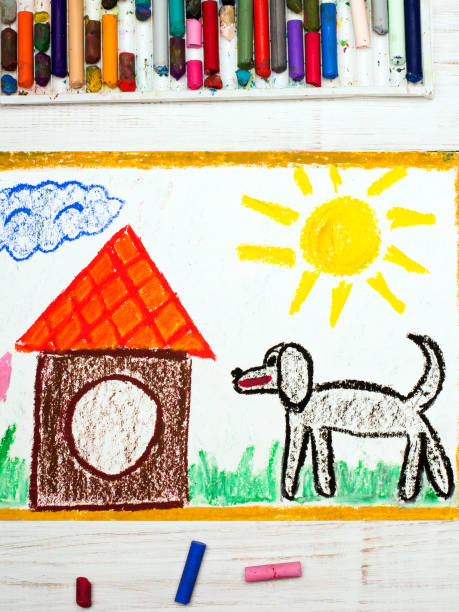 istock Colorful drawing: black big dog and doghouse 690123580