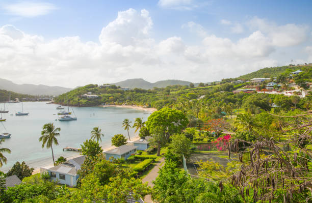 istock Antigua, English Harbour panoramic view with boats and yachts. View include Freeman bay and beach 690129708