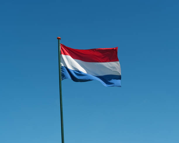 istock Flag of the Netherlands waving in wind, blue sky 690130650