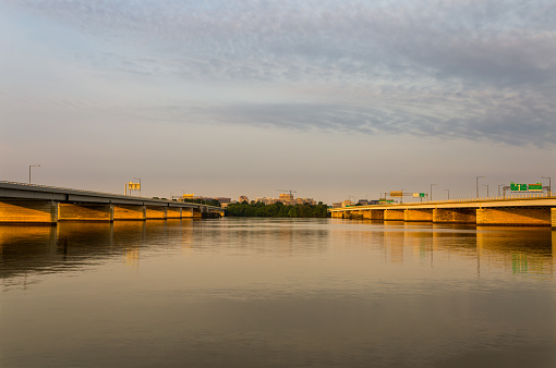 The Williams Bridge (left) and the Fenwick Bridge (right) - two of the five bridges making up the 14th St Bridge infrastructure - connecting Virginia to Washington, D.C. over the Potomac River